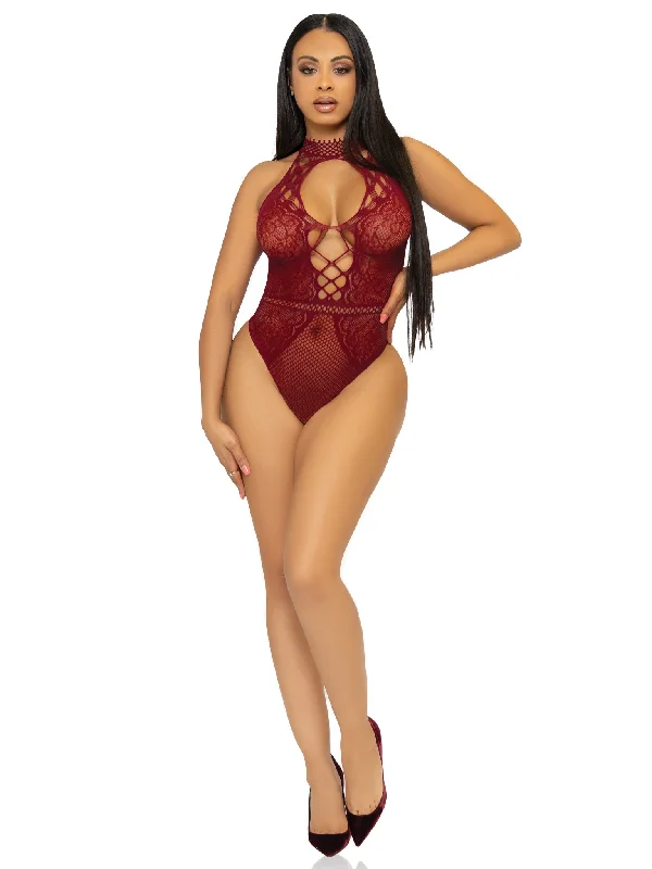 Seamless Bodysuits for a Smooth Underwear LookNet and Lace Keyhole Halter Bodysuit - One Size -  Burgundy