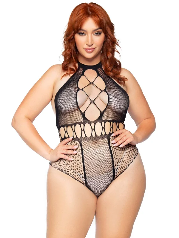 Neon Bodysuits to Stand Out at PartiesMulti Net Halter Bodysuit - 1x/2x - Black