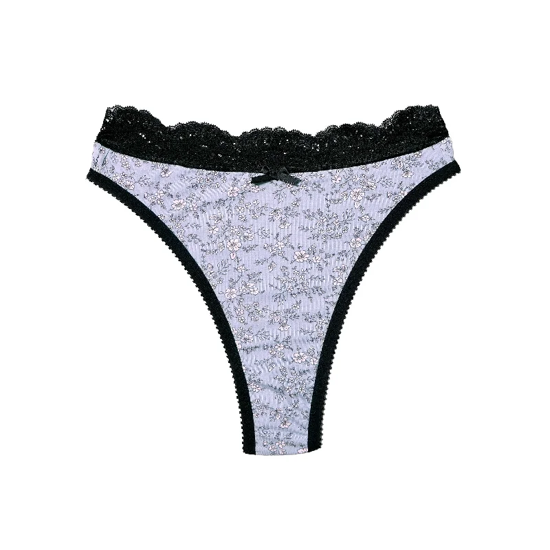 wireless women thongs for a comfortable and wire - free experienceSabrina Thong Blue Floral Jersey with Lace Trim