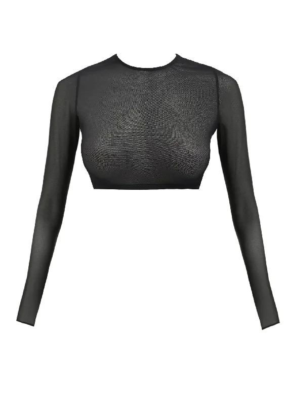 Long - Sleeve Bodysuits for Cold Weather LayeringSHEER Crop Top (Black)