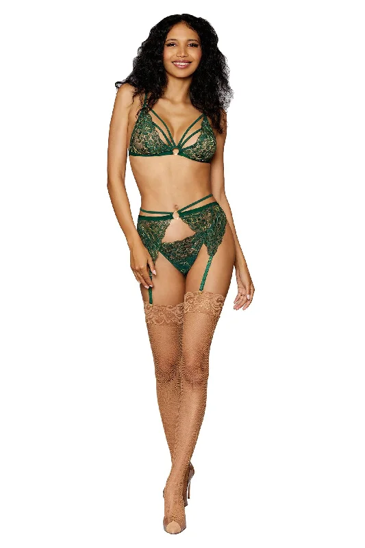 see - through women garters for allureBralette With Garter Belt and G-String - One Size  - Evergreen