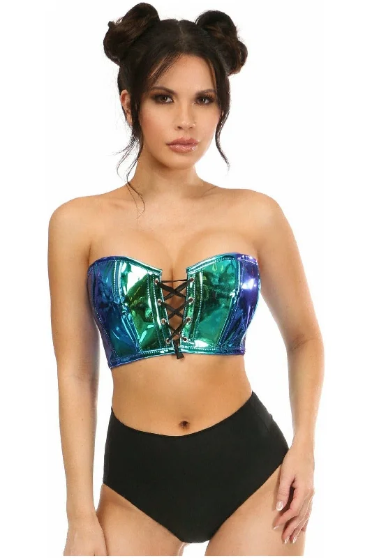 leather women bustiers and corsetsLavish Teal/Blue Holo Lace-Up Short Bustier Top