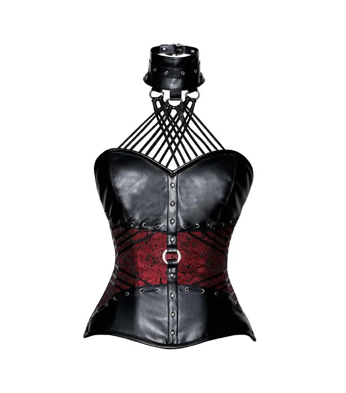 statement women bustiers and corsetsRed Brocade & Black Faux Leather Overbust Corset