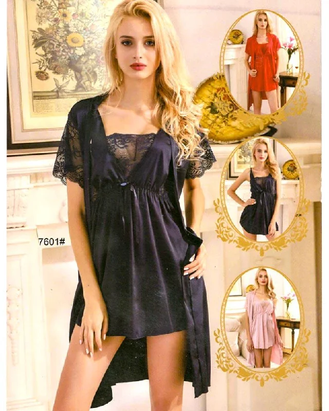 satin women sexy lingerie texturePcs Sexy Slik Short Nighty With Gown - 7601