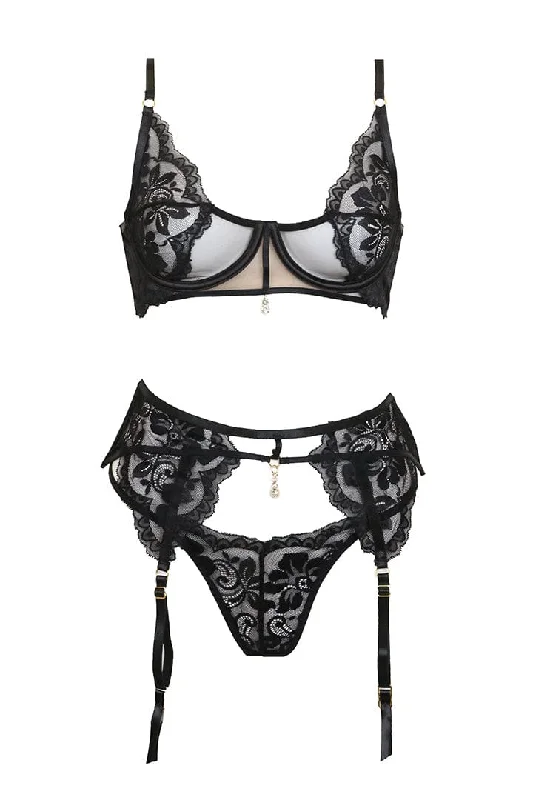 hypoallergenic women gartersFemi 3 Piece Lace Set - Black