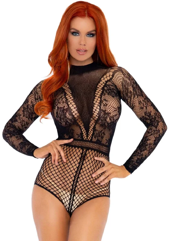 Thermal Bodysuits for Extra Warmth in WinterLace and Fishnet Bodysuit - One Size - Black