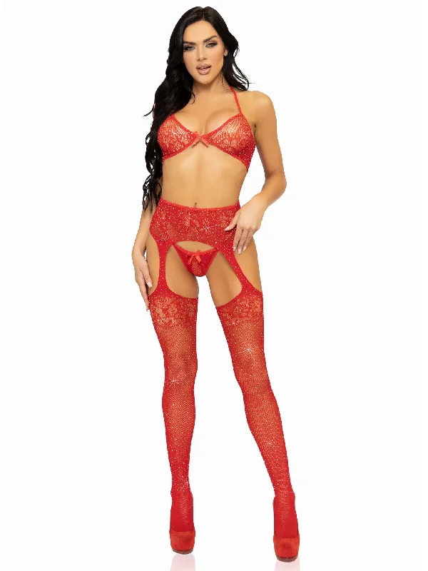 sew - on women garters for permanence3 Pc Rhinestone Bra Top, G-String, and Garter Belt Stockings - One Size - Red