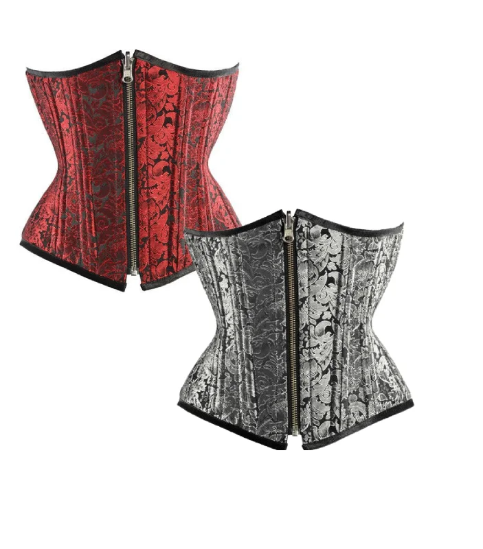 designer women bustiers and corsets collectionsSilver/Black Brocade Authentic Steel Boned Reversible Waist Training Underbust Corset