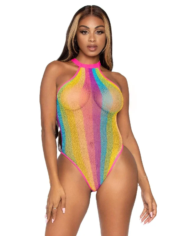 Sheer Bodysuits for a Seductive and Alluring OutfitRainbow Striped Halter Bodysuit With Snap Crotch - One Size - Multicolor