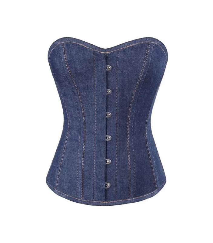 zip front women bustiers and corsets designBlue Denim waist reducing  overbust Corsets