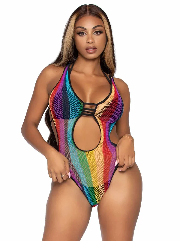 Seamless Bodysuits for a Smooth Underwear LookRainbow Fishnet Cut Out Bodysuit With Strappy Bikini Back - One Size - Multicolor