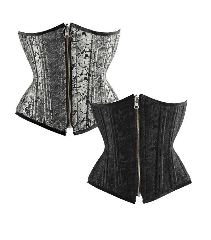 minimalist women bustiers and corsetsSilver/Black Brocade Authentic Steel Boned Reversible Waist Training Underbust Corset