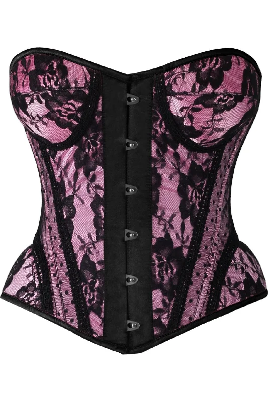 leather women bustiers and corsetsTop Drawer Pink w/Black Lace Steel Boned Underwire Bustier Corset