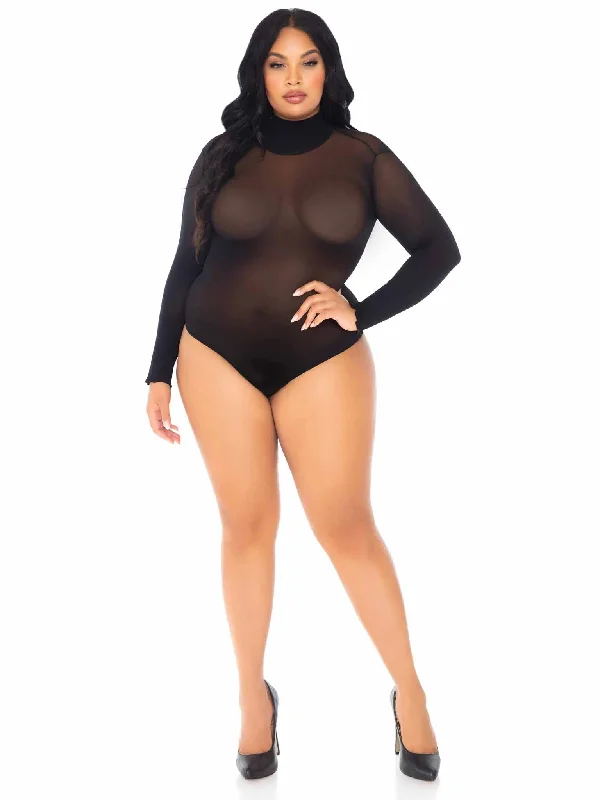 Seamless Bodysuits for a Smooth Underwear LookOpaque High Neck Long Sleeve Bodysuit With Snap  Crotch - 1x/2x - Black