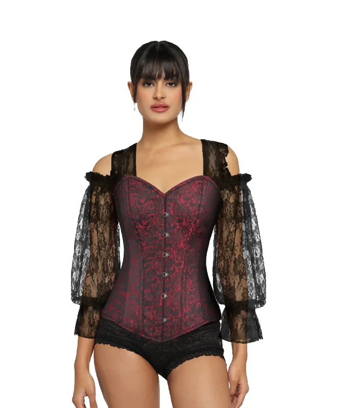 Victorian style women bustiers and corsetsBlack Red Brocade Overbust  Long Sleeves Corset