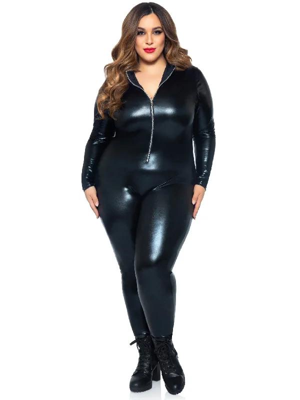 Cut - Out Bodysuits for a Trendy and Fashion - Forward StyleLame Zipper Front Catsuit/Bodysuit  - 1x/2x - Black