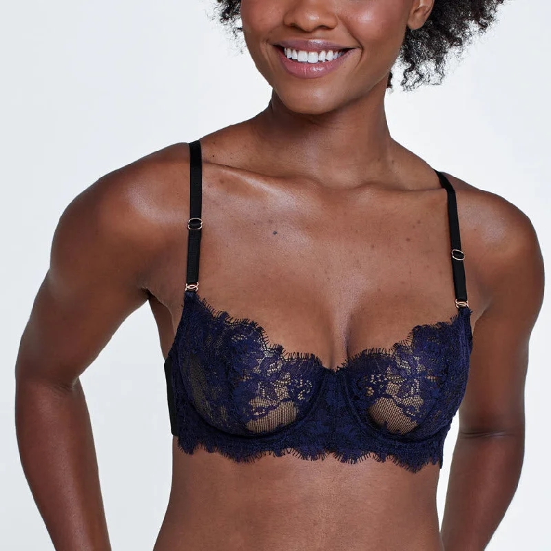 padded women lingerie cups for added volumeSkarlett Blue Entice Midnight Lace Balconette Bra 324143