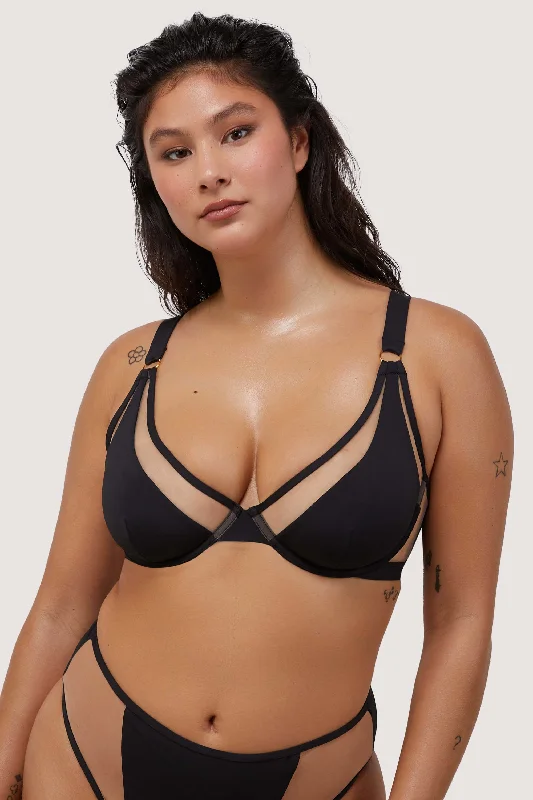 padded bras for added volumeEloise Black and Nude Mesh Wired Triangle Bikini Top