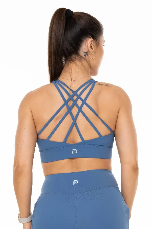 compression women sport bra for muscle supportEmpower Queen Blue Strappy Sports Bra