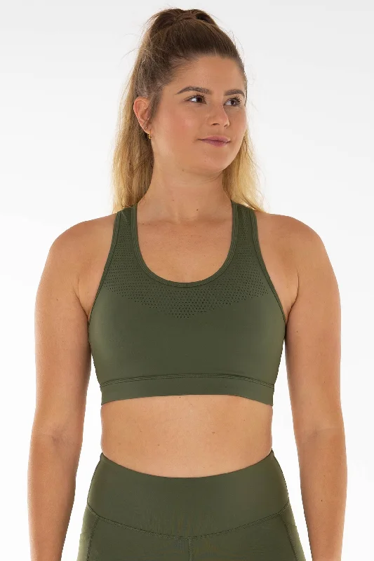 unpadded women sport bra for a natural feelKhaki Laser Cut Sports Bra