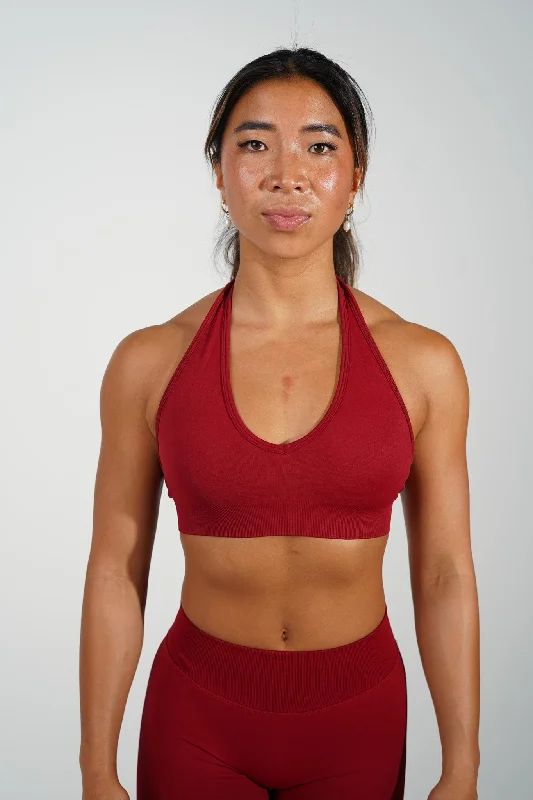 water - resistant women sport bra for water sportsRECOIL HALTER CROP - DARK RED